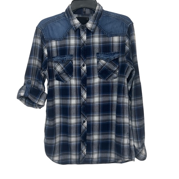 rerun Other - Rerun Men's Blue Plaid Flannel Button Up with Denim Yoke Accents